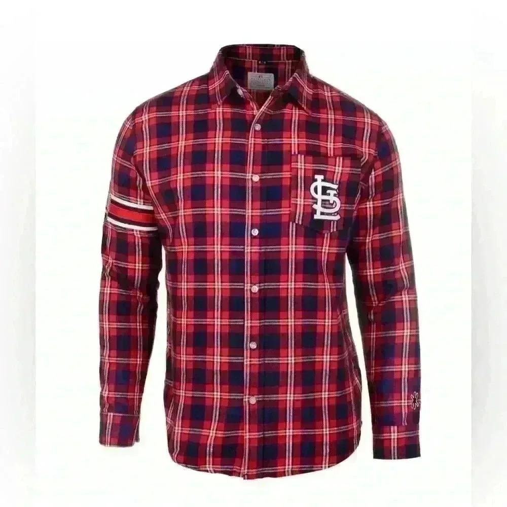 St. Louis Cardinals Red Blue Baseball Klew Basic Flannel Western Shirt Button Up